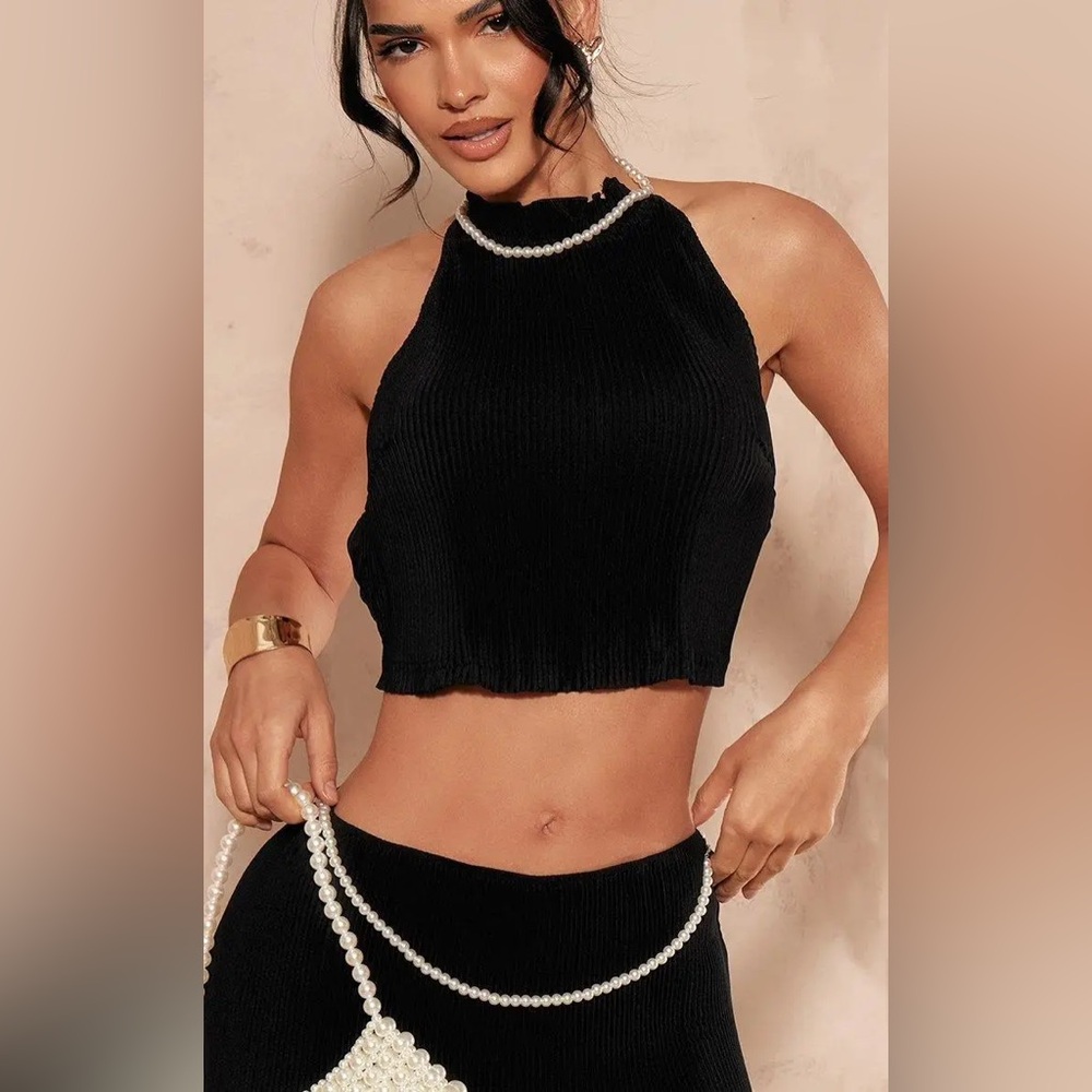 NWT PrettyLittleThing Black Ribbed Opened Back Top With Pearls